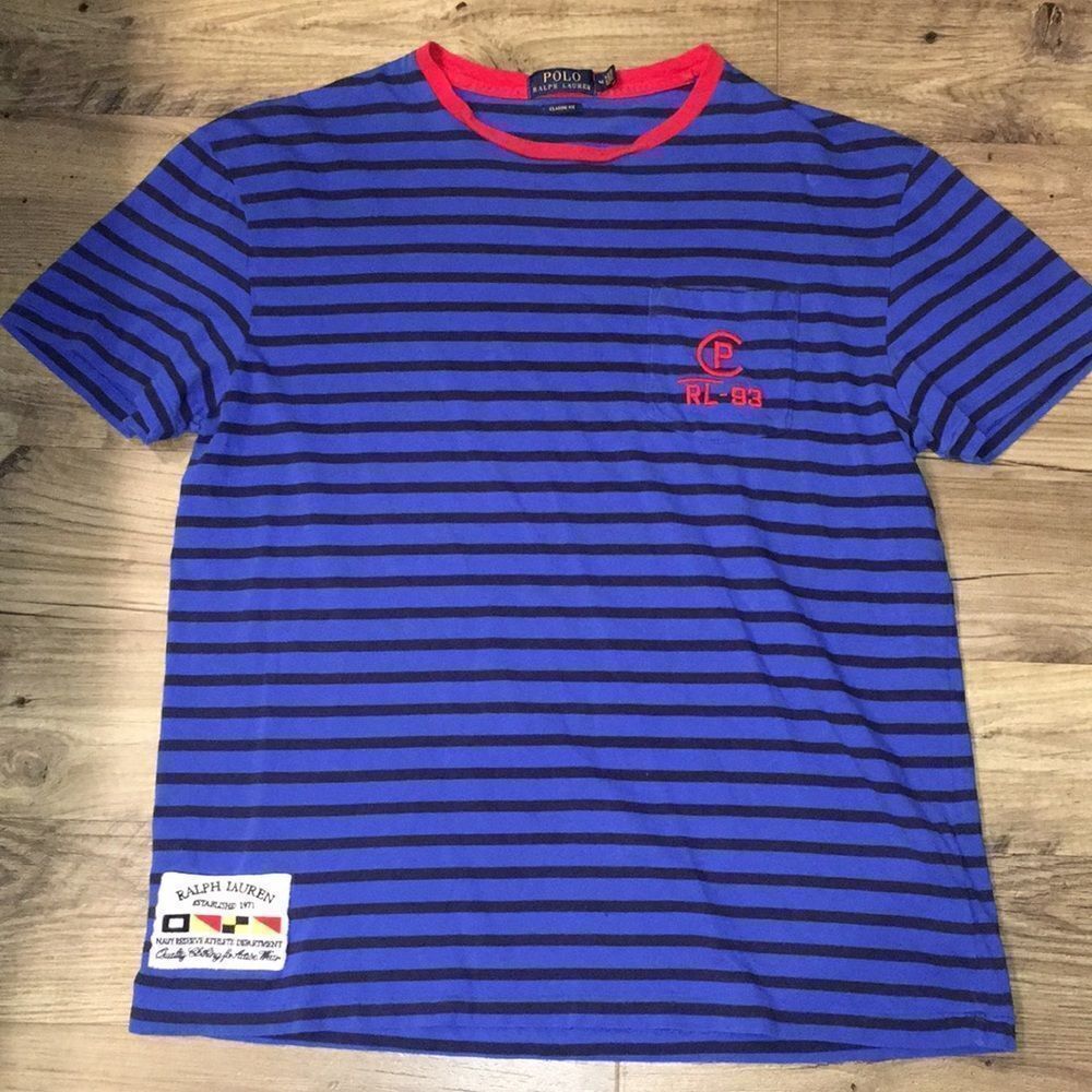 Vintage Blue stripe P-93 Polo Ralph Lauren Sailing Yacht Pocket T tee shirt- M